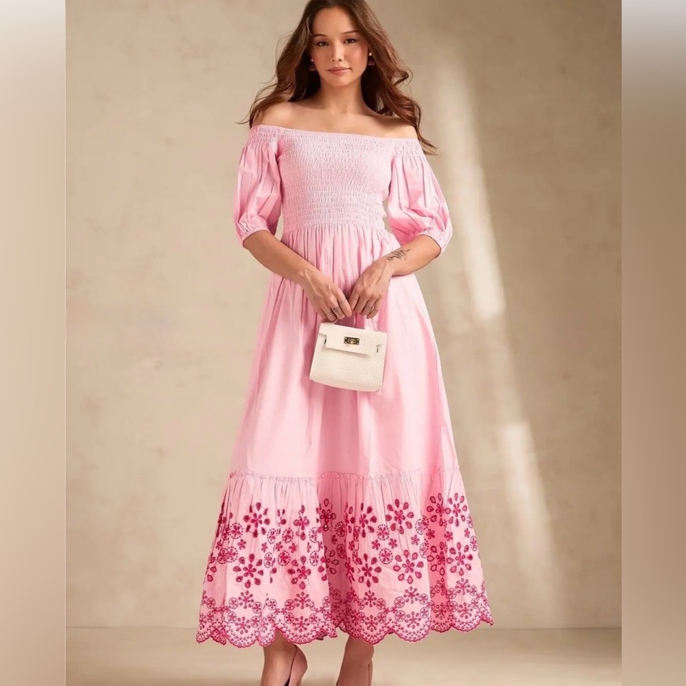 NWT Umgee Pink Pinstripe Eyelet Midi Dress Size Large